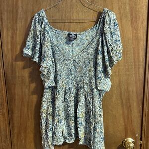 Angie Blue and Cream Smocked Blouse